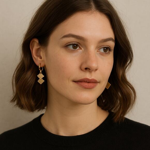 Retro Geometric Dangle Earrings Gold Tone Square Drop Unbranded - Picture 1 of 3